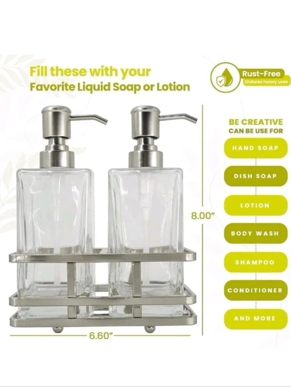 3 Piece Glass Bathroom Accessory Set Soap Dispenser Lotion Pump Satin Nickel NEW